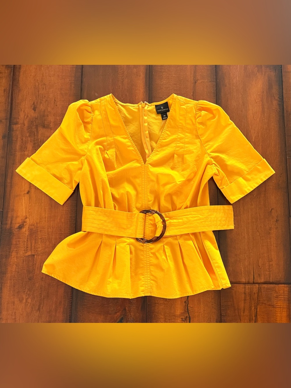 Worthington Bright Yellow V-Neck Belted Peplum Top